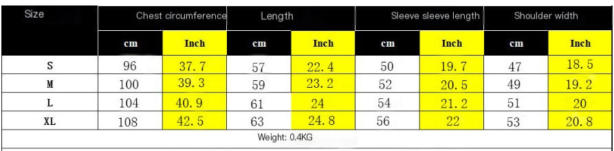 Size chart for clothing with measurements in centimeters and inches.