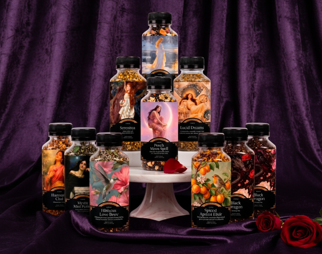 A collection of ten decorative bottles of essential oils and body scrubs arranged on a white marble pedestal against a white background. The bottles feature artistic illustrations of classical figures, fruits, and spices, and are topped with black caps.