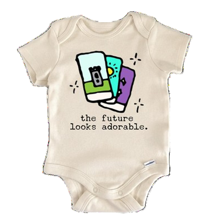 Beige baby onesie with colorful graphic and text 'the future looks adorable' on a white background