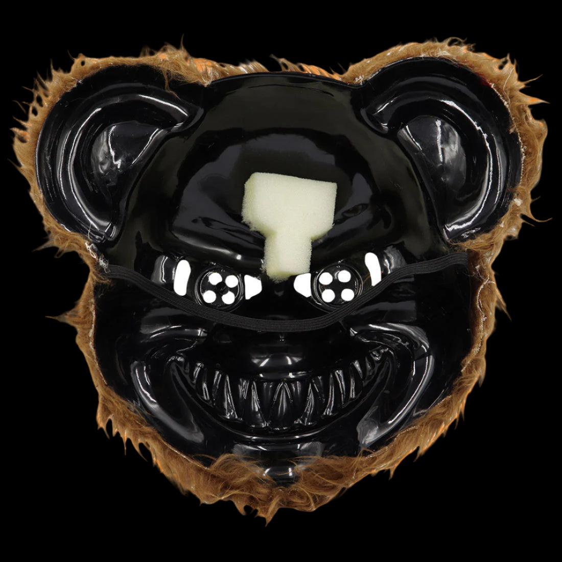 Black bear-shaped mask with brown fur on a white background