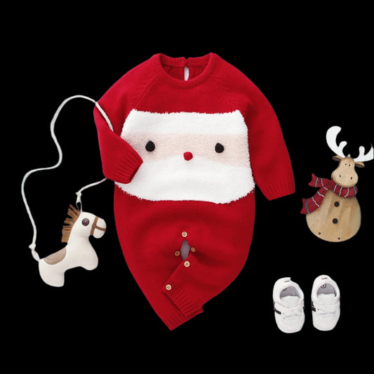 Red baby outfit with Santa face design on a white background