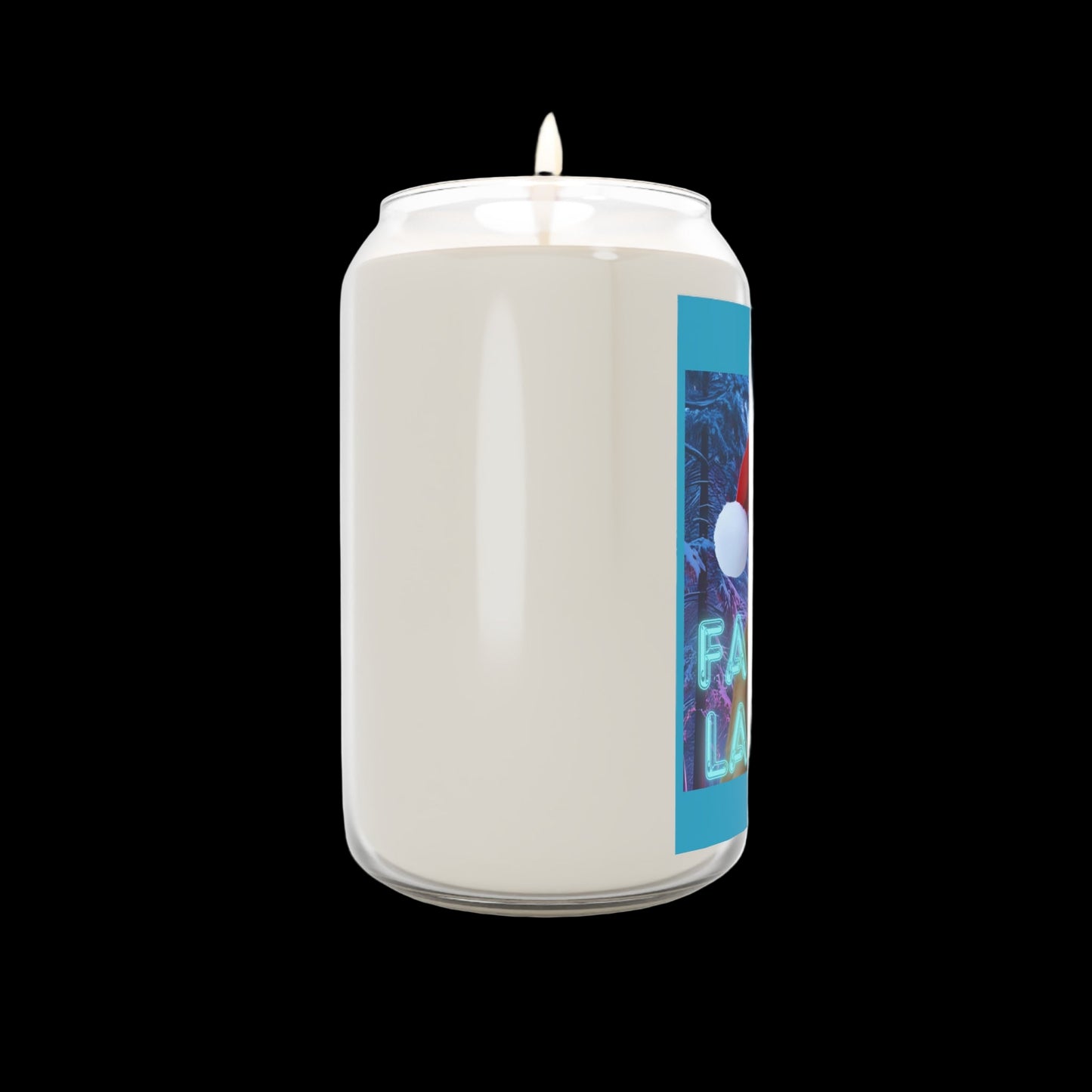 Candle with a colorful label on a white background