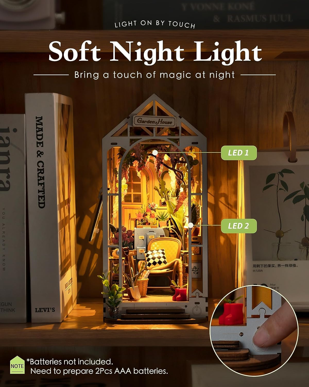 Decorative night light with LED lights on a wooden surface.