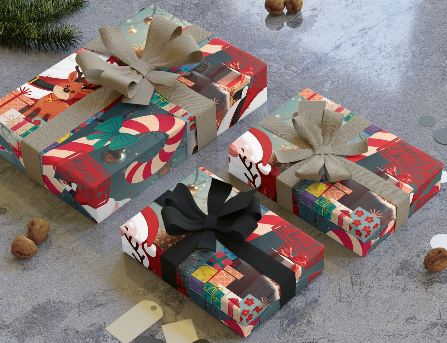 Three Christmas-themed gift boxes with ribbons on a textured surface.