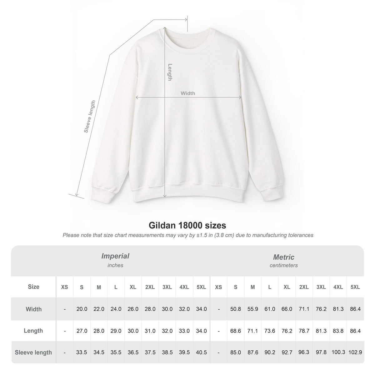 White sweatshirt with measurement chart on a white background