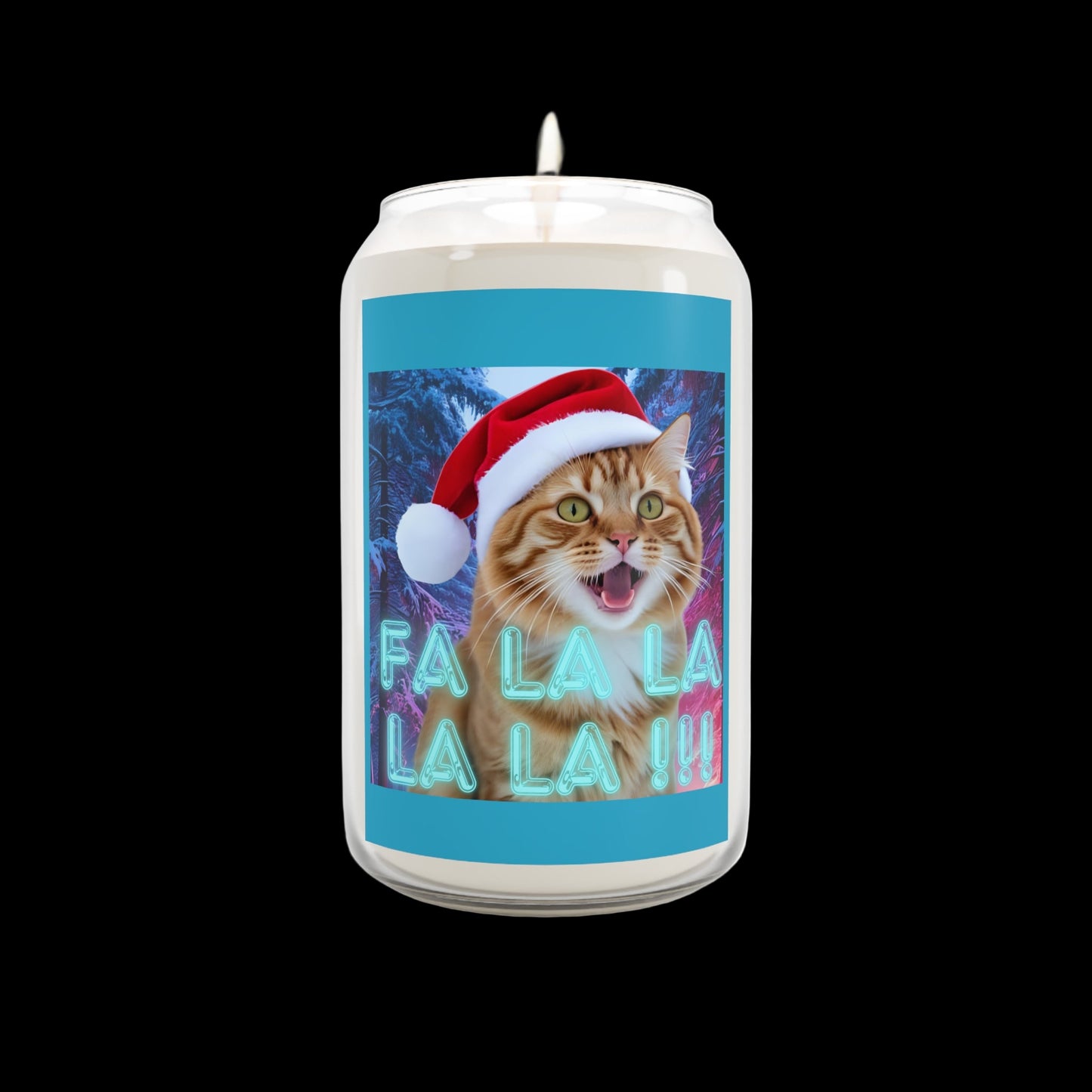 Candle with a cat wearing a Santa hat and 'Fa La La La La!' text on a blue background