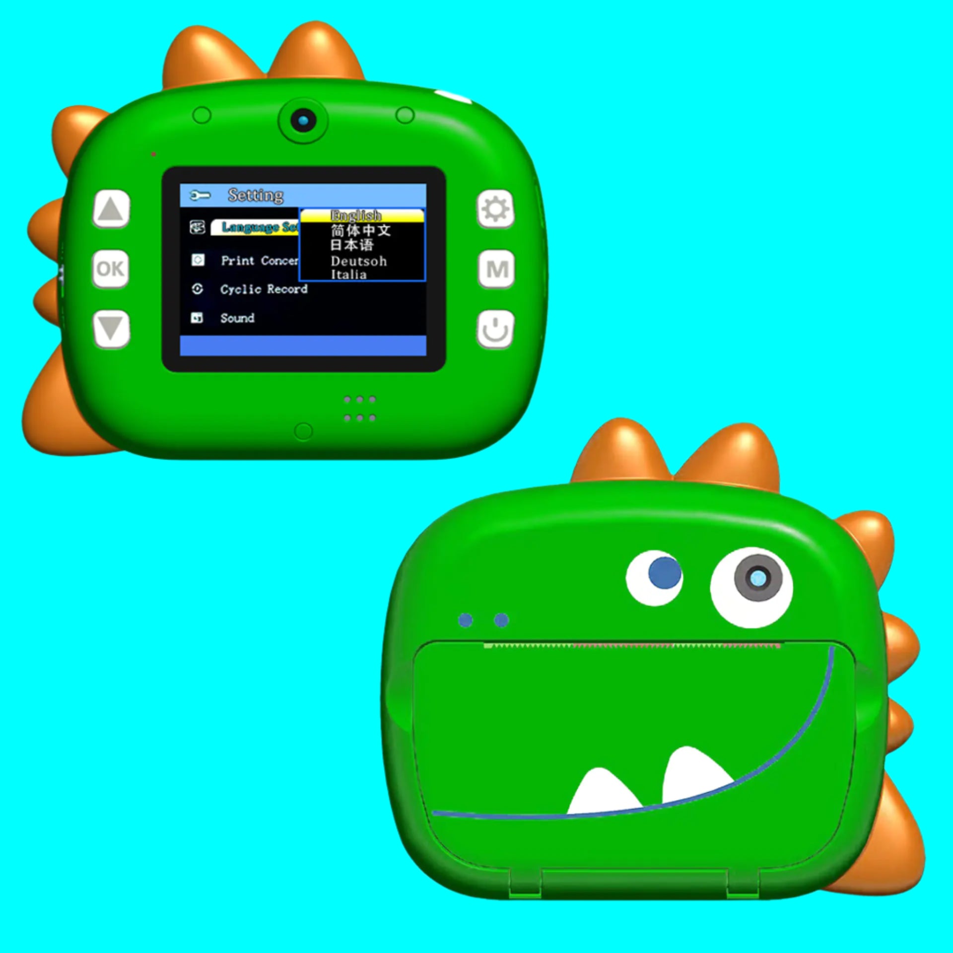 Green toy device with dinosaur design on a white background