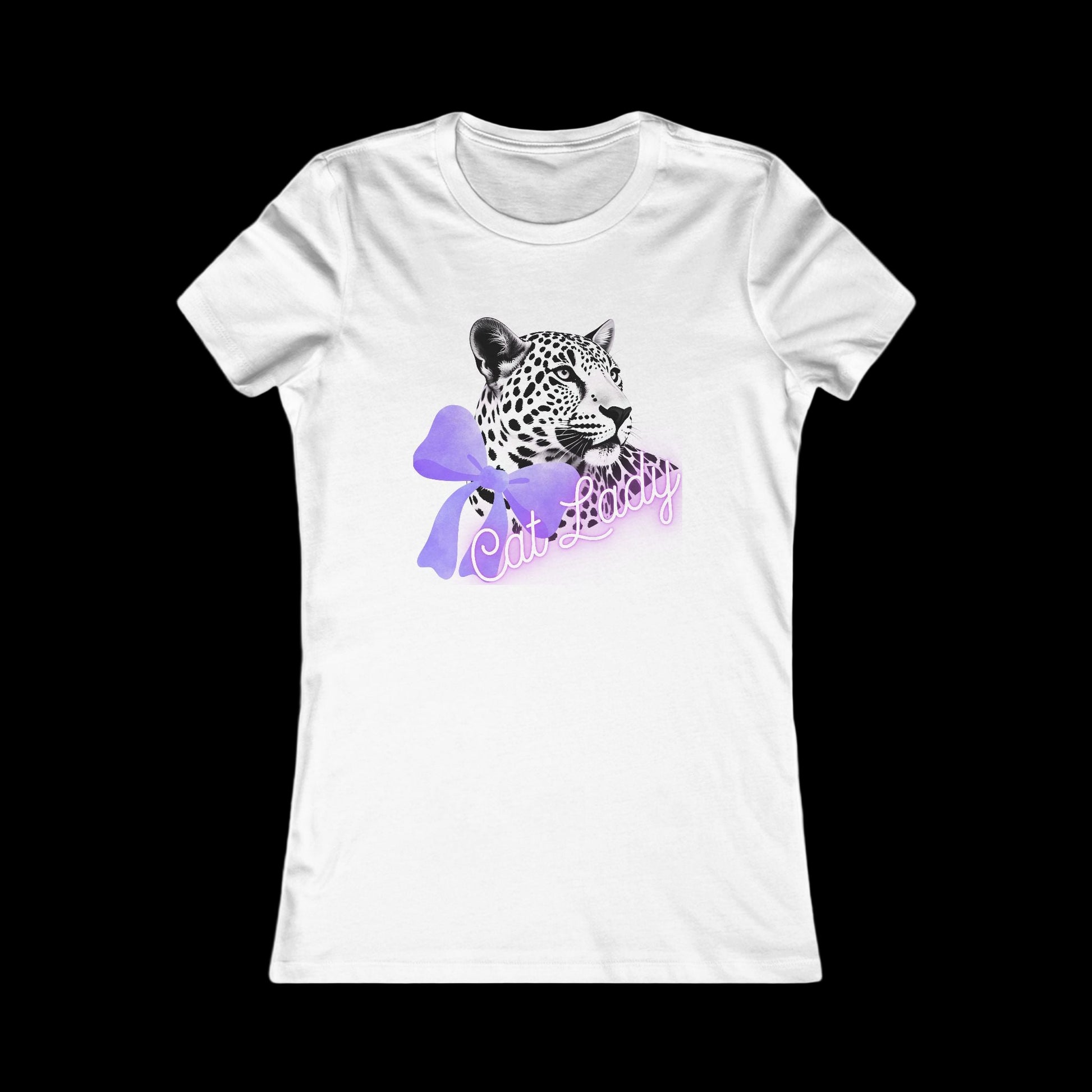 White t-shirt with a leopard graphic and purple text on a white background