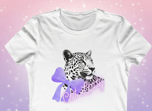 White t-shirt with a leopard graphic and purple text on a white background