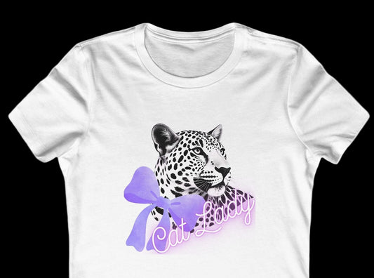 White t-shirt with a leopard graphic and purple text on a white background
