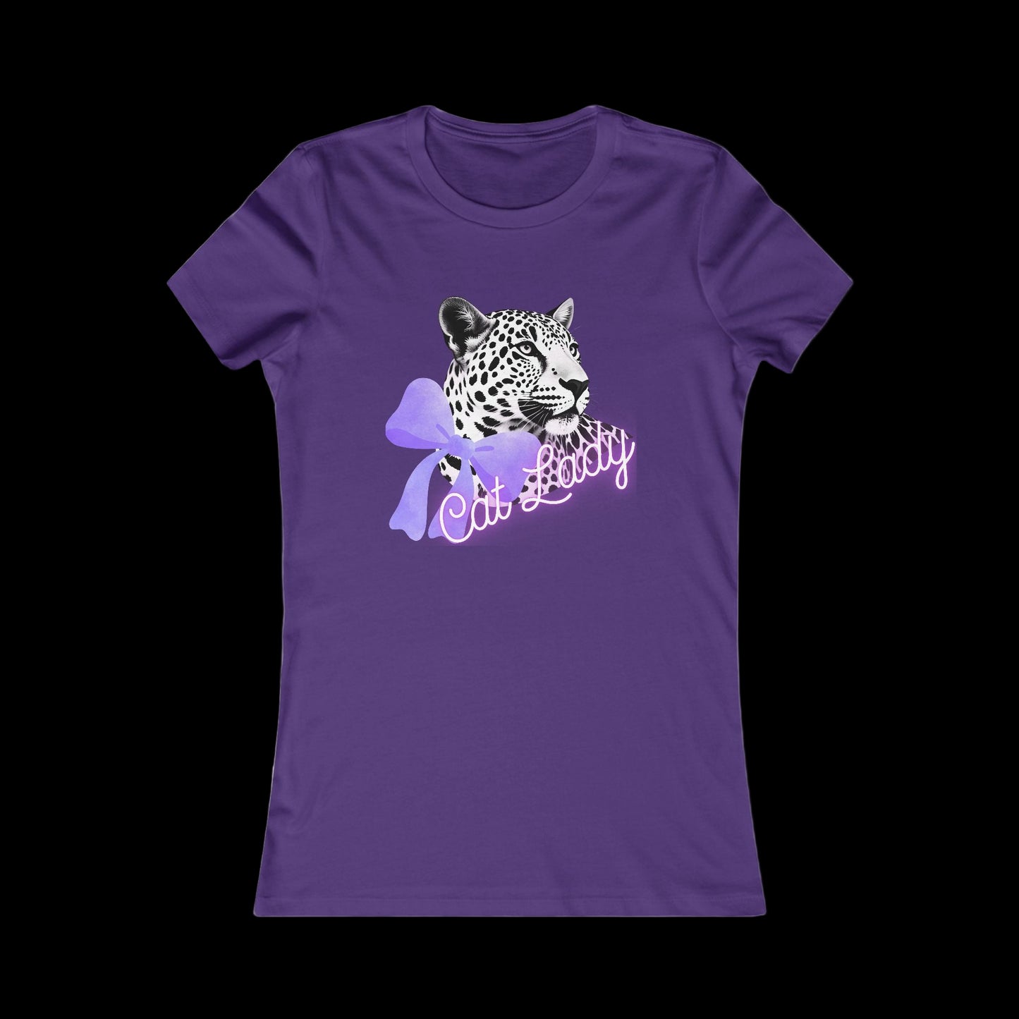 Purple t-shirt with a leopard graphic and 'Cat Lady' text on a white background