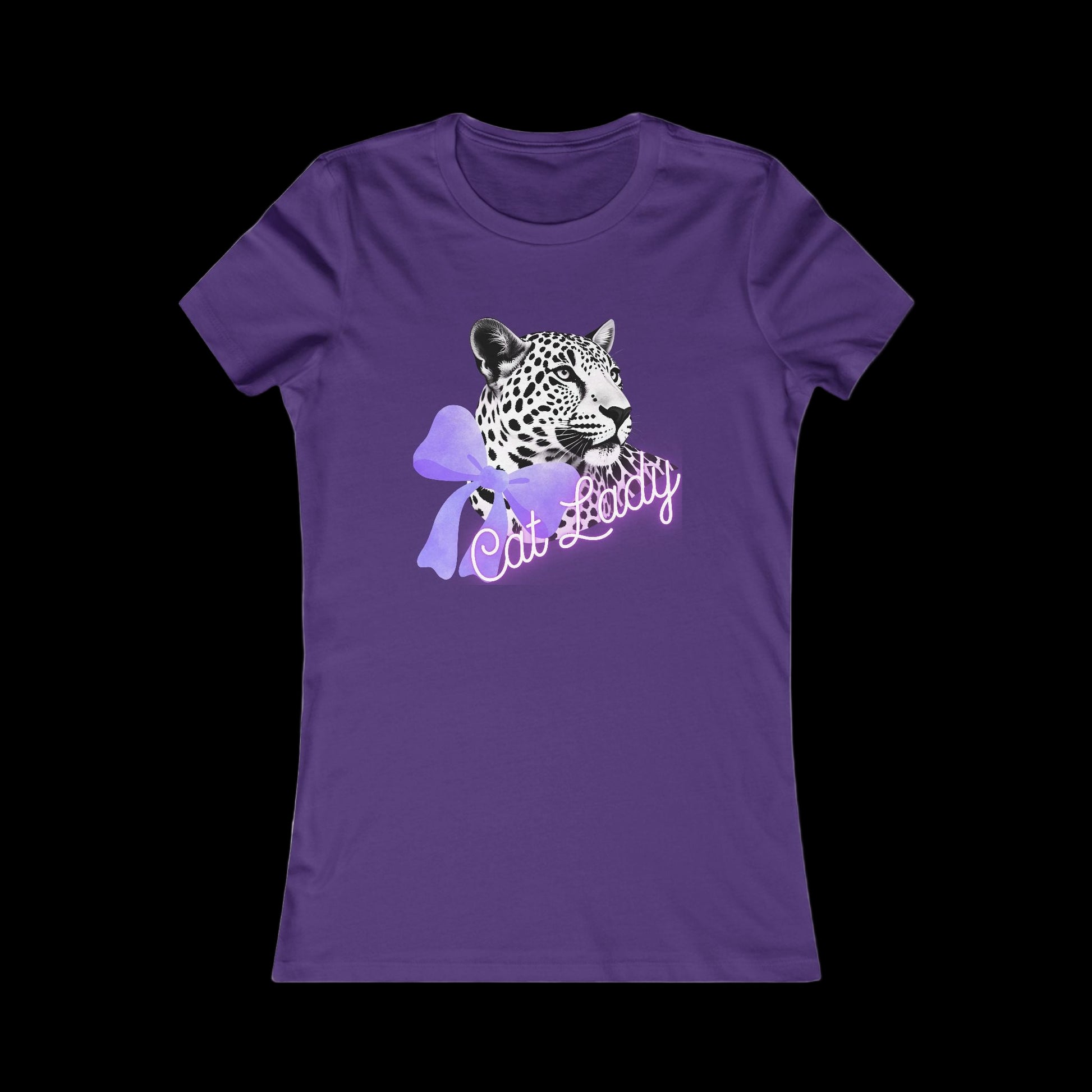 Purple t-shirt with a leopard graphic and 'Cat Lady' text on a white background