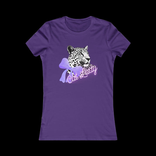 Purple t-shirt with a leopard graphic and 'Cat Lady' text on a white background