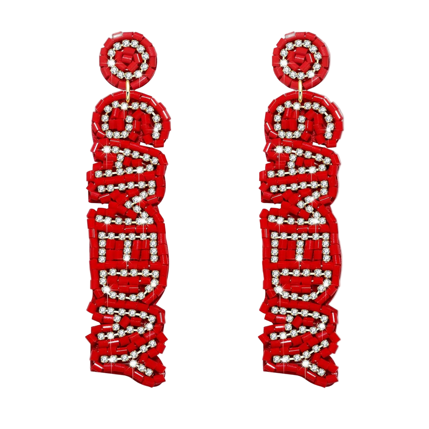Red earrings with white text on a white background