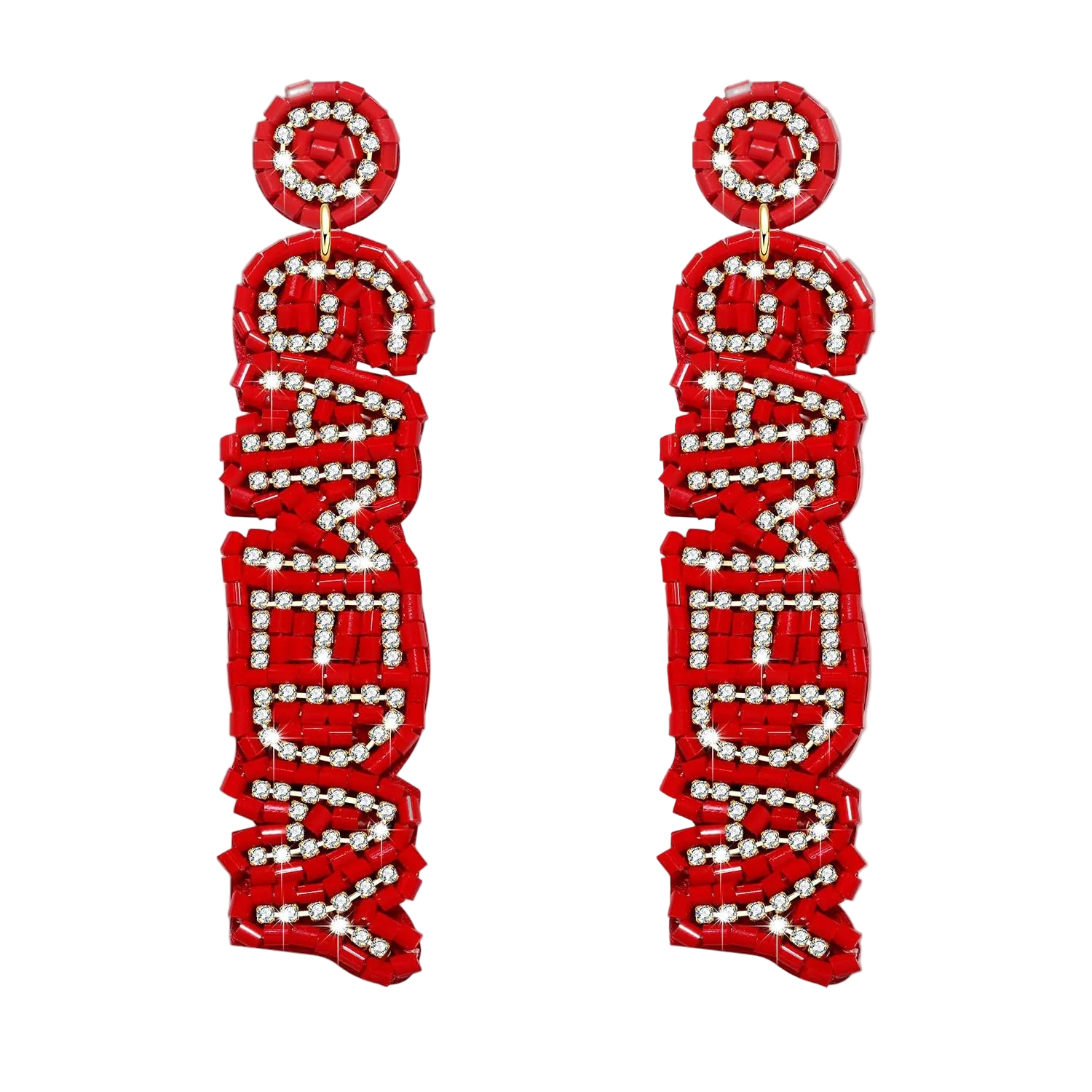 Red earrings with white text on a white background