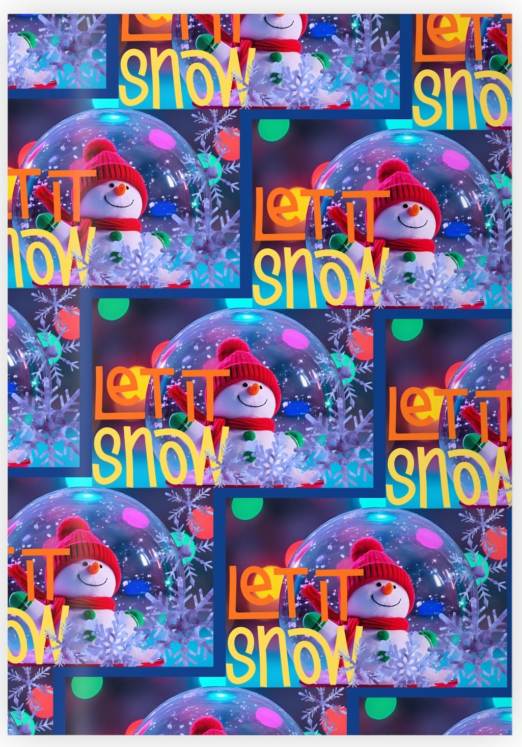 Christmas-themed wrapping paper with snow globe design and 'Let it Snow!' text.