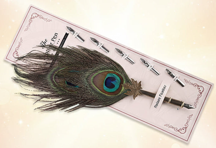 Peacock feather pen on a branded card with 'Unibind' branding.