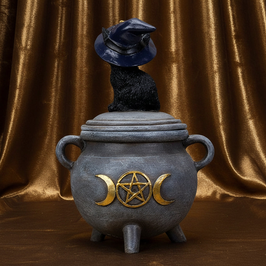 A witch-themed cauldron figurine with a black cat wearing a pointed hat sitting on top. The cauldron is dark gray with gold crescent moon and pentagram details, and has two side handles, set against a plain white background.