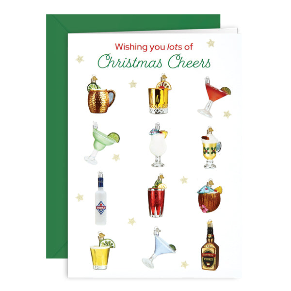 Greeting card with Christmas-themed cocktails and 'Wishing you lots of Christmas Cheers' text.