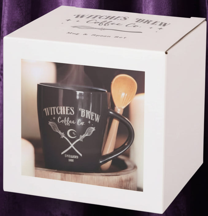 Mug and spoon set with 'Witches Brew Coffee Co.' branding in a decorative box.