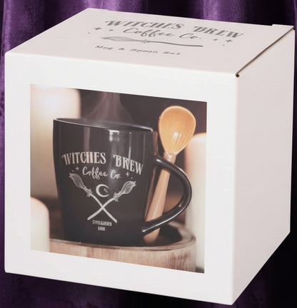 Mug and spoon set with 'Witches Brew Coffee Co.' branding in a decorative box.