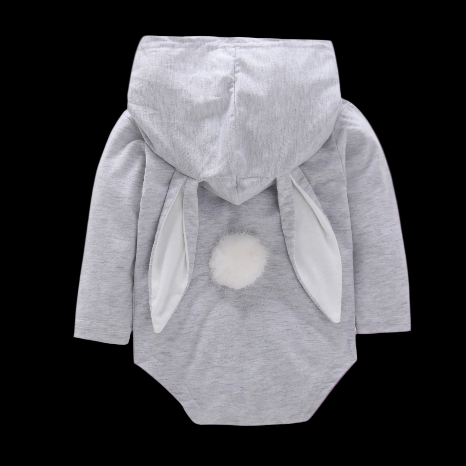 Gray baby onesie with bunny ears and tail on a white background