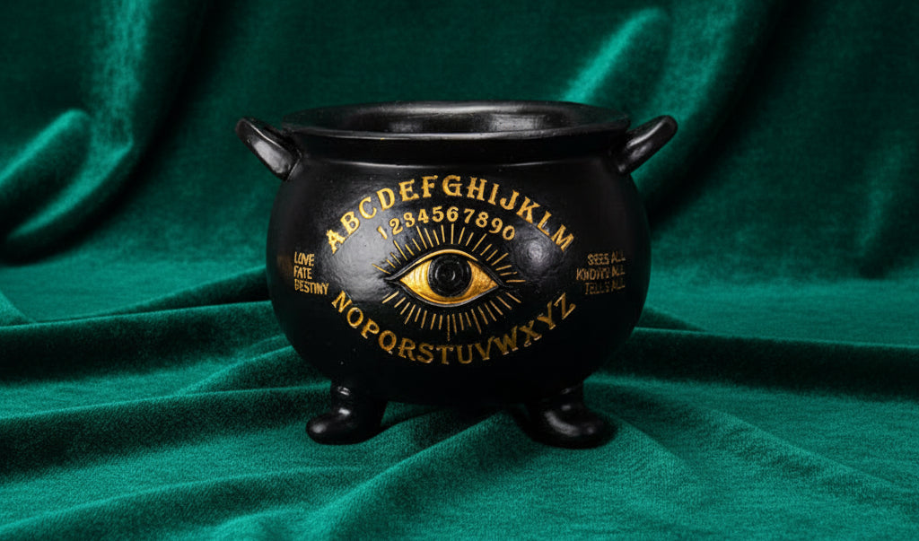 A black cauldron-shaped planchette with gold foil-style printing of an alphabet, numbers, and an eye motif, shown on a plain white background.