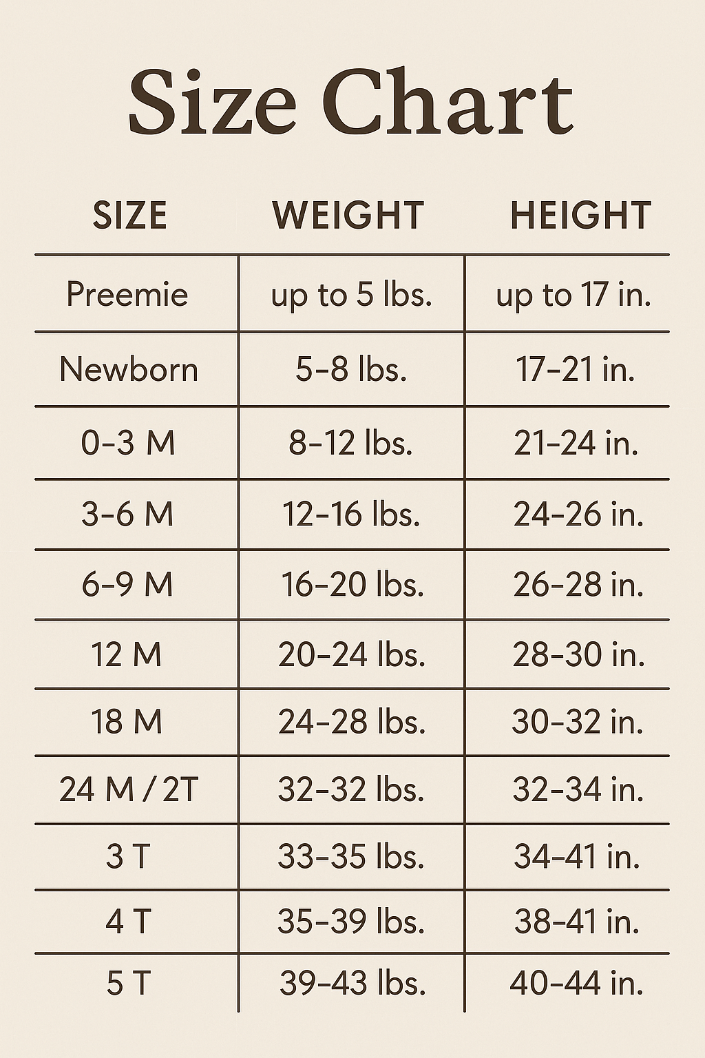 Size chart for children's clothing with weight and height ranges.