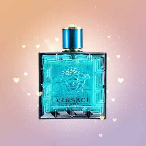 Versace perfume bottle with blue design and gold cap on a white background