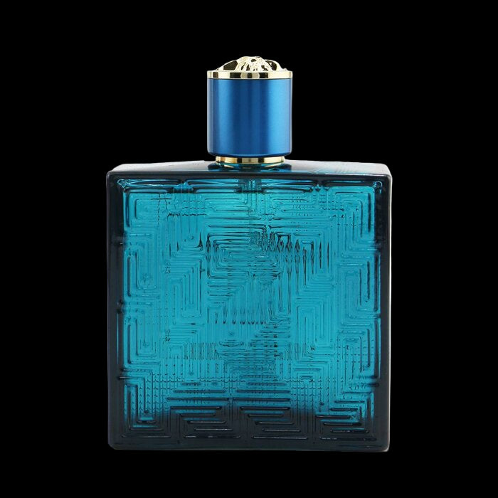 Blue perfume bottle with a gold cap on a white background