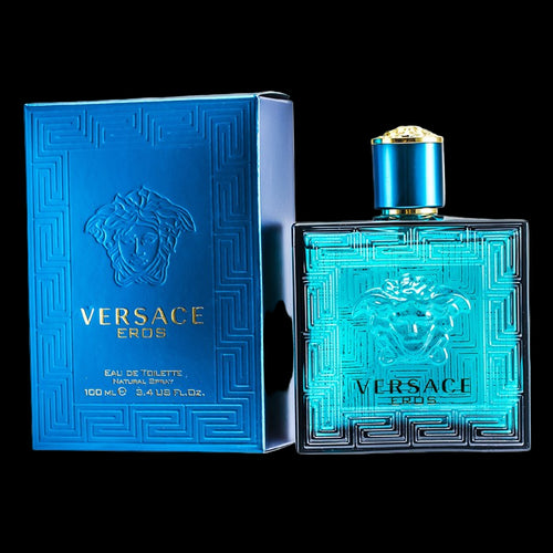 Versace Eros perfume bottle and packaging on a white background