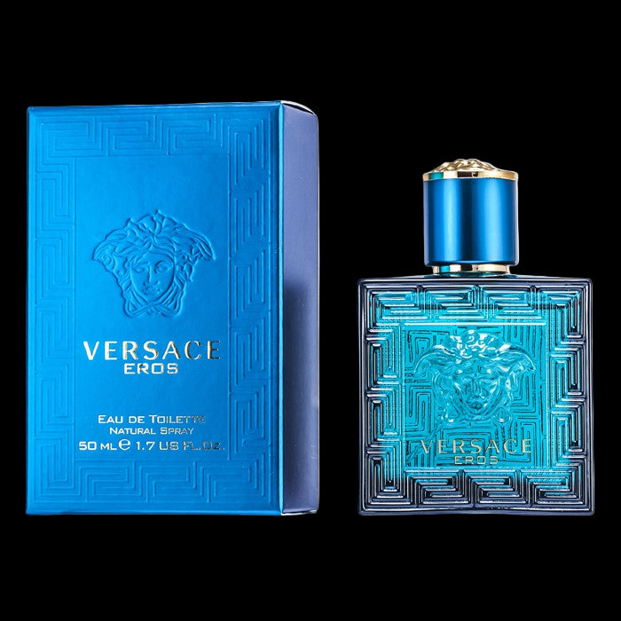Versace Eros perfume bottle and packaging on a white background