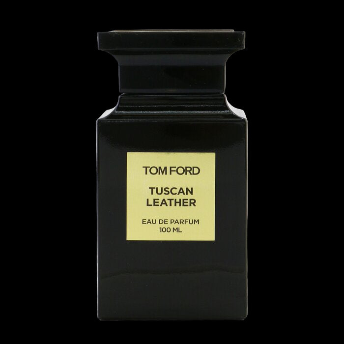 Black Tom Ford Tuscan Leather perfume bottle on a white background