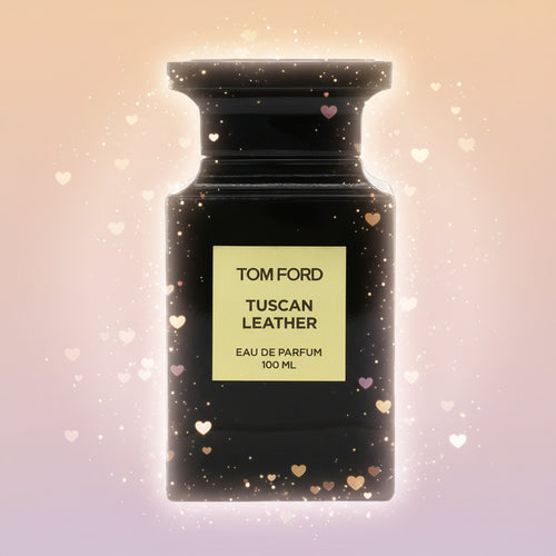 Black Tom Ford Tuscan Leather perfume bottle on a white background