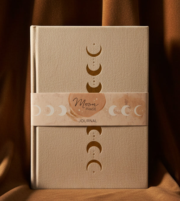 A vertical moon phase journal with a textured off-white cover, featuring gold crescent moon illustrations and a light pink paper band wrapped around the middle with the text 'Moon Phase Journal'.
