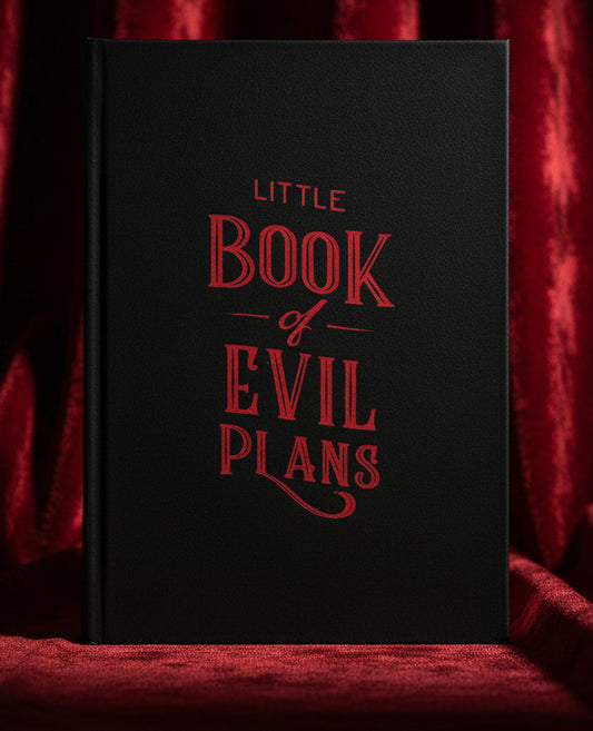 Black book with red text 'Little Book of Evil Plans' on a white background
