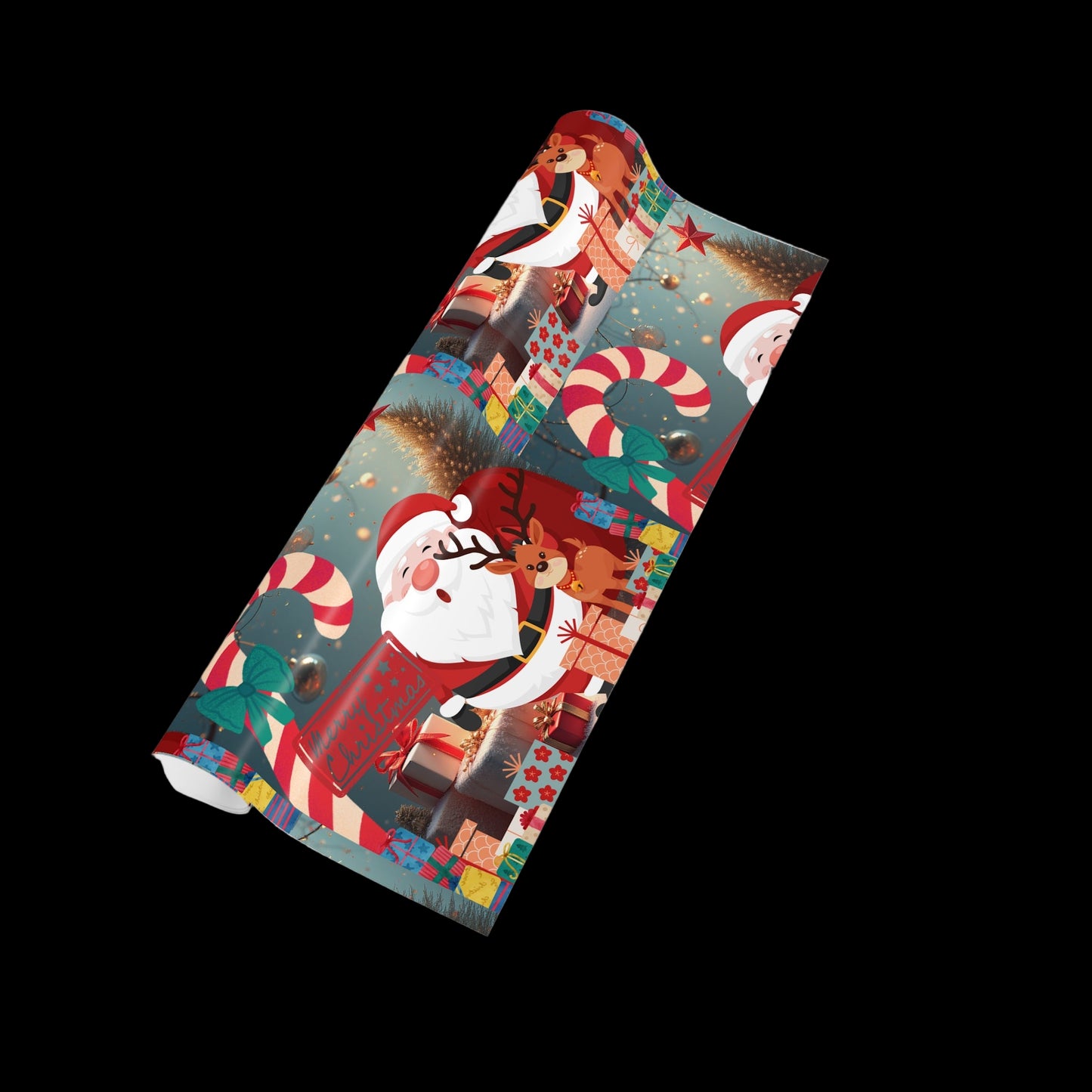 Colorful gift bag with Santa Claus and Christmas elements on a white background