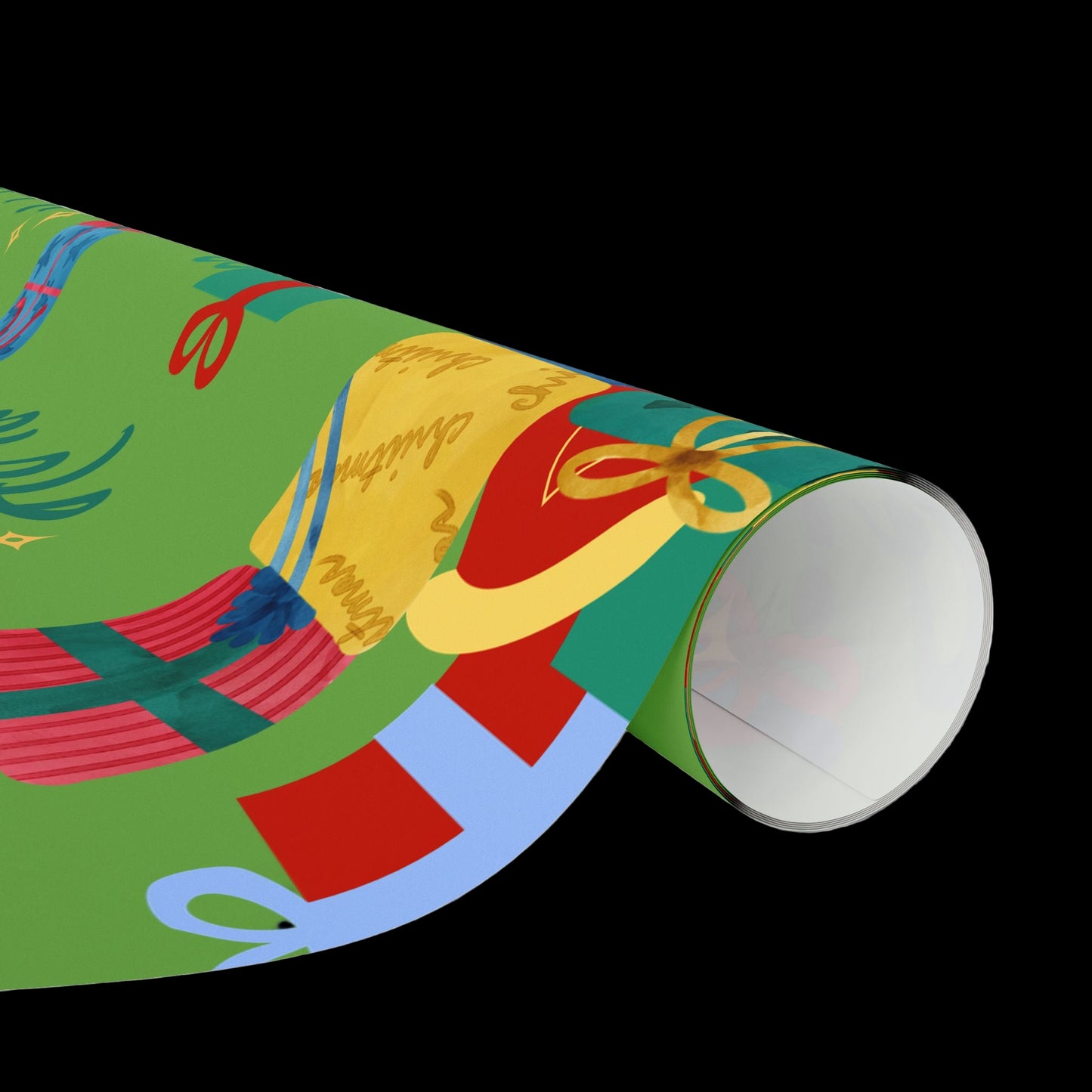 Roll of colorful gift wrap paper with presents and ribbons on a white background