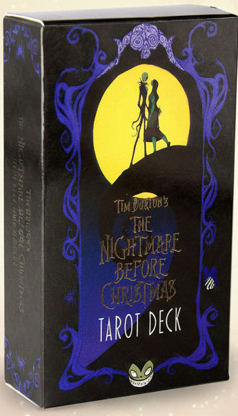 Tarot deck box featuring artwork from 'The Nightmare Before Christmas' with a couple under a moonlit sky.