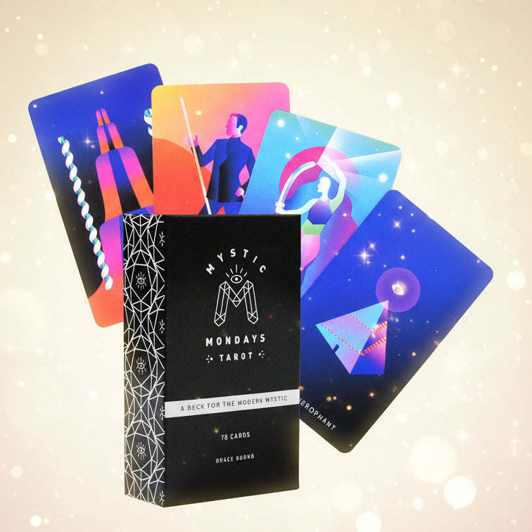 Myst Mondays Tarot cards with colorful designs and a black box on a white background