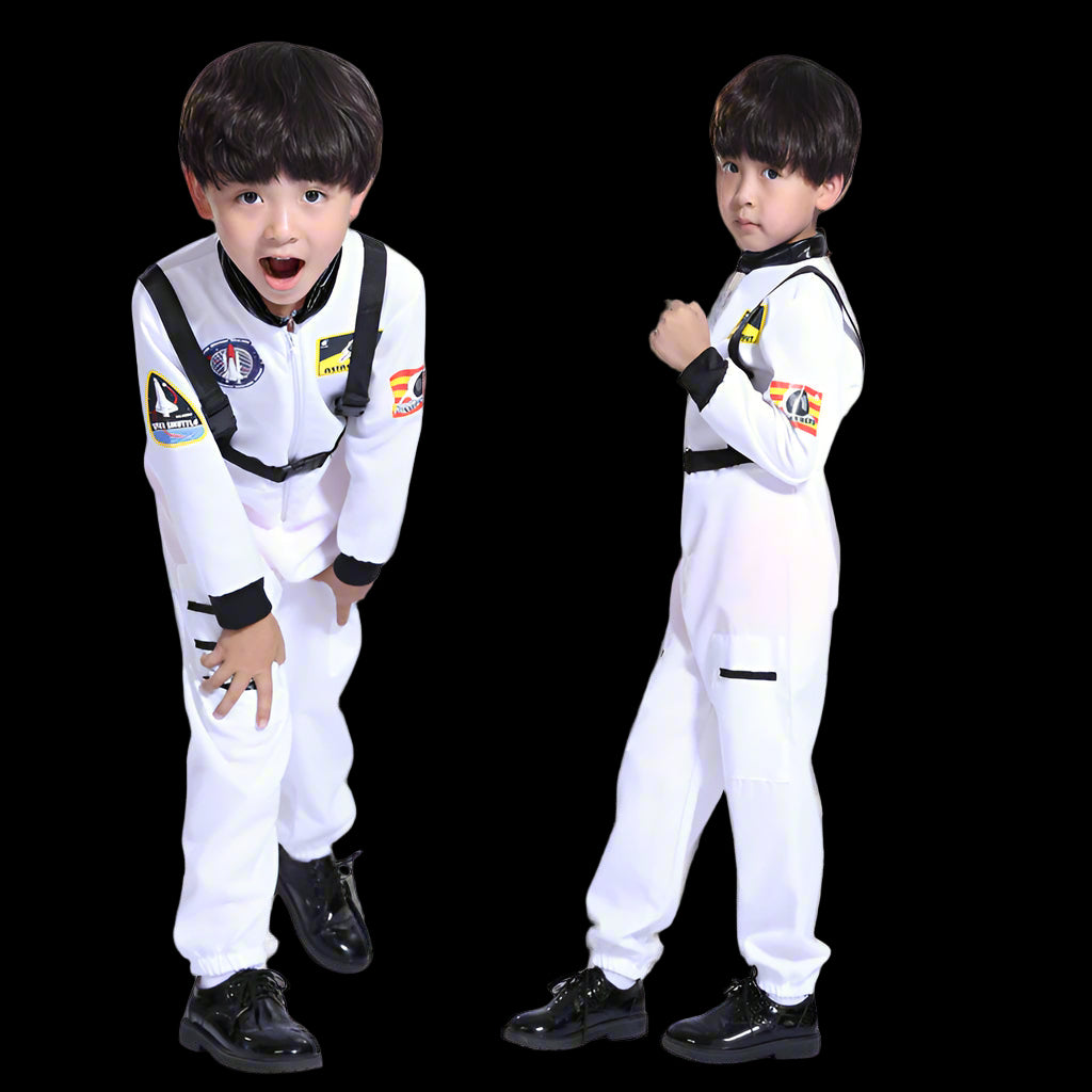 Two children in white astronaut costumes on a white background