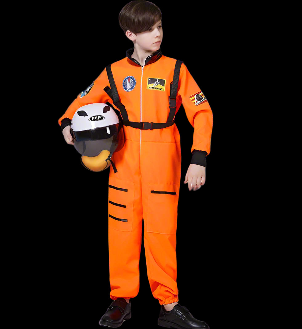 Person wearing an orange astronaut suit holding a helmet on a white background