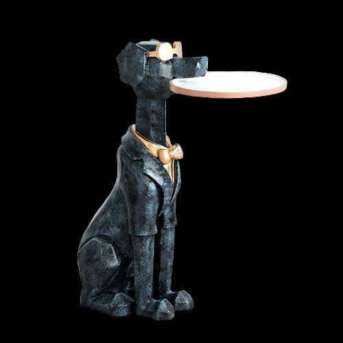 Dog-shaped side table with a round mirror on top in a room setting.