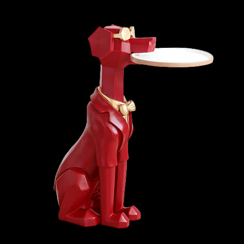 Red dog-shaped table lamp on a white floor with a white wall background