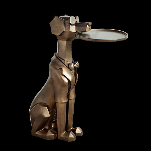 Bronze dog-shaped side table with a round tray on a light wooden floor.