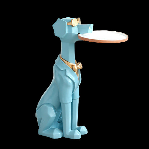 Blue dog-shaped side table with a round top on a wooden floor.