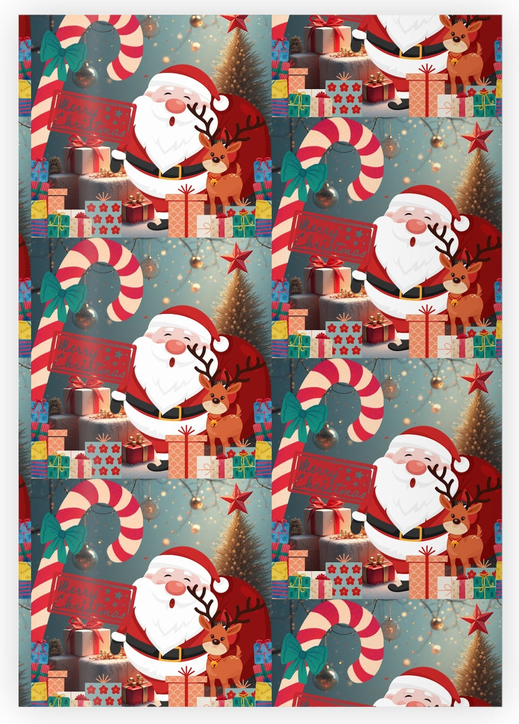 Christmas-themed gift wrap with Santa Claus, reindeer, and candy canes on a blue background.
