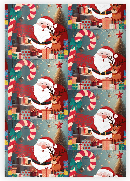 Christmas-themed gift wrap with Santa Claus, reindeer, and candy canes on a blue background.