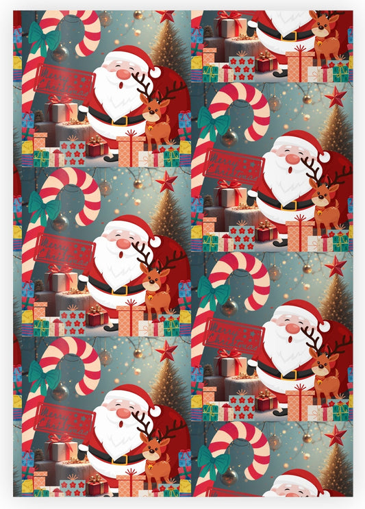 Christmas-themed gift wrap with Santa Claus, reindeer, and candy canes on a blue background.