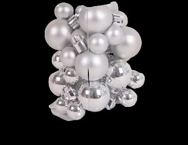 Clear box filled with silver Christmas ornaments on a white background